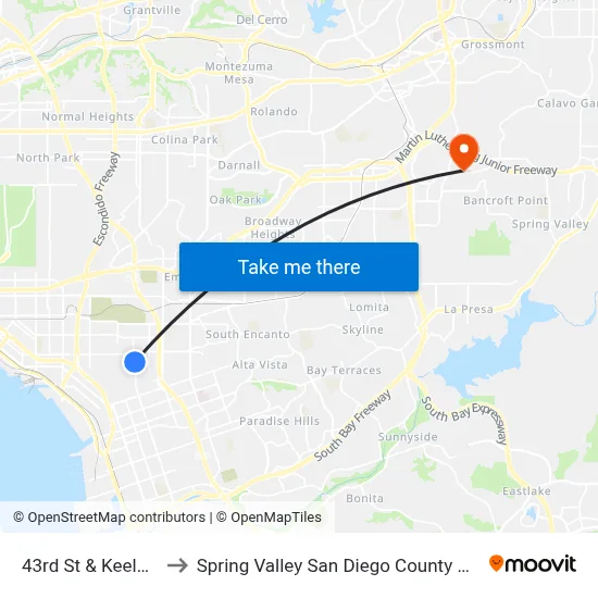 43rd St & Keeler Av to Spring Valley San Diego County CA USA map