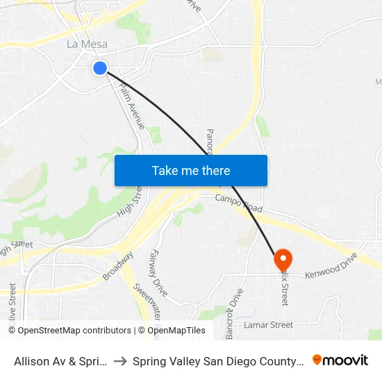 Allison Av & Spring St to Spring Valley San Diego County CA USA map