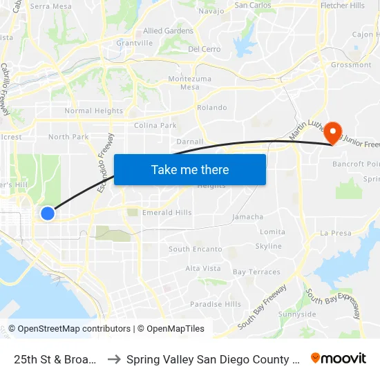 25th St & Broadway to Spring Valley San Diego County CA USA map