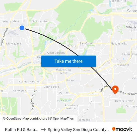 Ruffin Rd & Balboa Av to Spring Valley San Diego County CA USA map