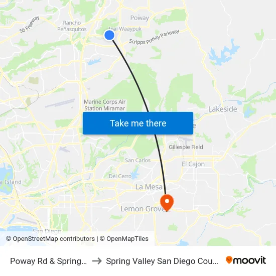 Poway Rd & Springhurst Dr to Spring Valley San Diego County CA USA map