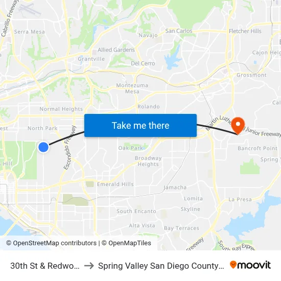 30th St & Redwood St to Spring Valley San Diego County CA USA map