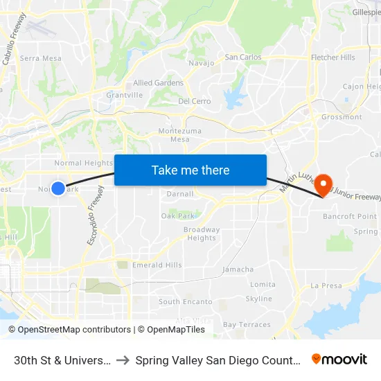 30th St & University Av to Spring Valley San Diego County CA USA map