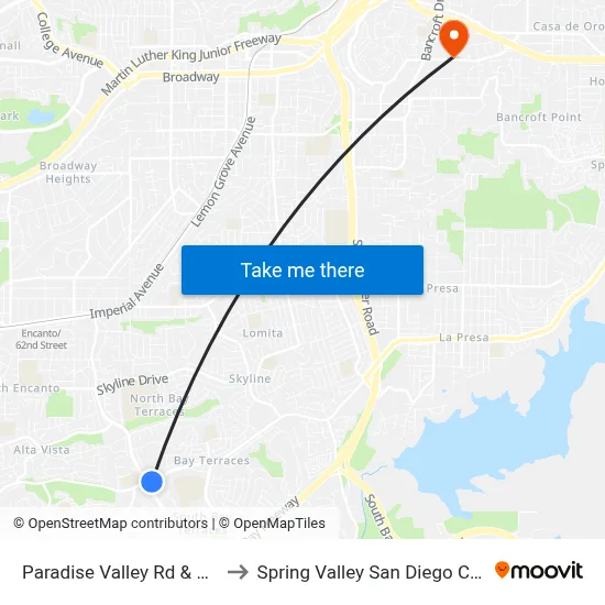 Paradise Valley Rd & Woodman St to Spring Valley San Diego County CA USA map