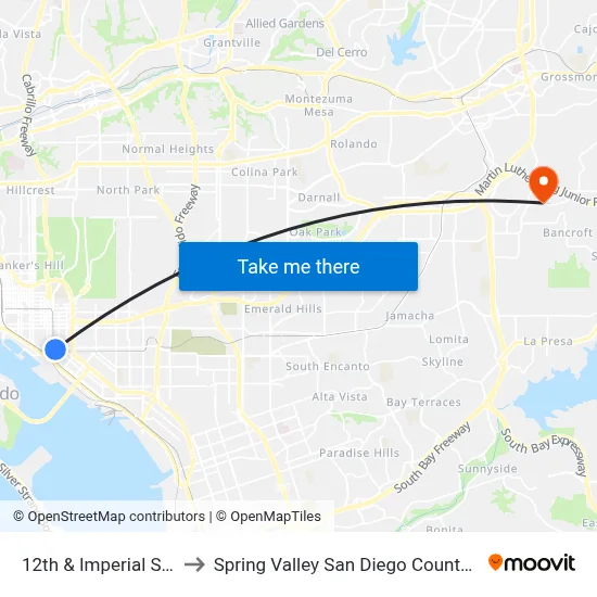 12th & Imperial Station to Spring Valley San Diego County CA USA map