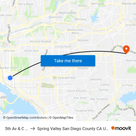 5th Av & C St to Spring Valley San Diego County CA USA map