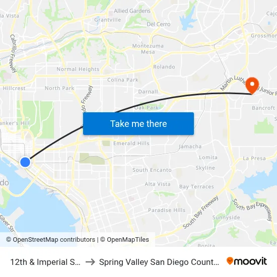 12th & Imperial Station to Spring Valley San Diego County CA USA map