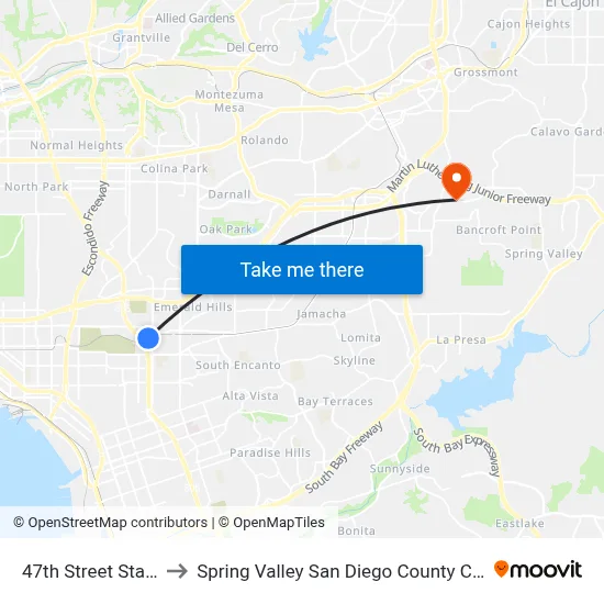 47th Street Station to Spring Valley San Diego County CA USA map