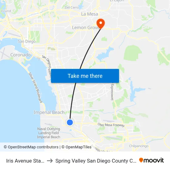 Iris Avenue Station to Spring Valley San Diego County CA USA map