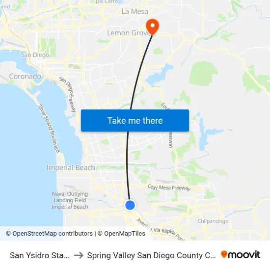 San Ysidro Station to Spring Valley San Diego County CA USA map