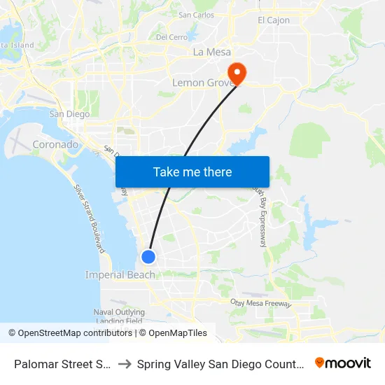 Palomar Street Station to Spring Valley San Diego County CA USA map