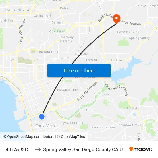 4th Av & C St to Spring Valley San Diego County CA USA map