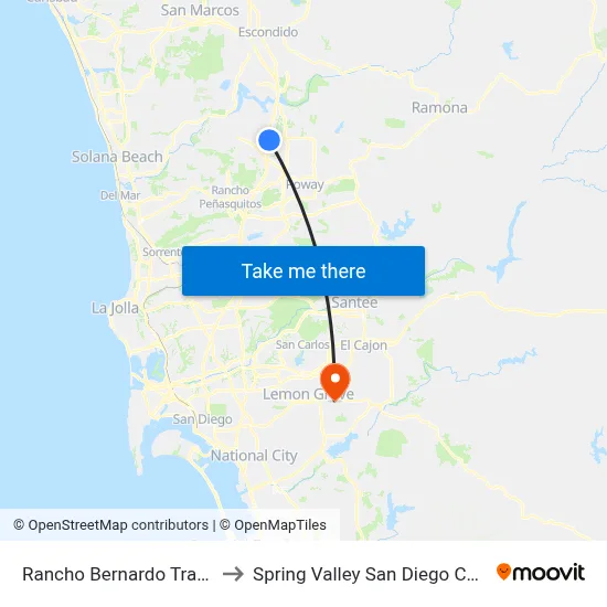 Rancho Bernardo Transit Station to Spring Valley San Diego County CA USA map
