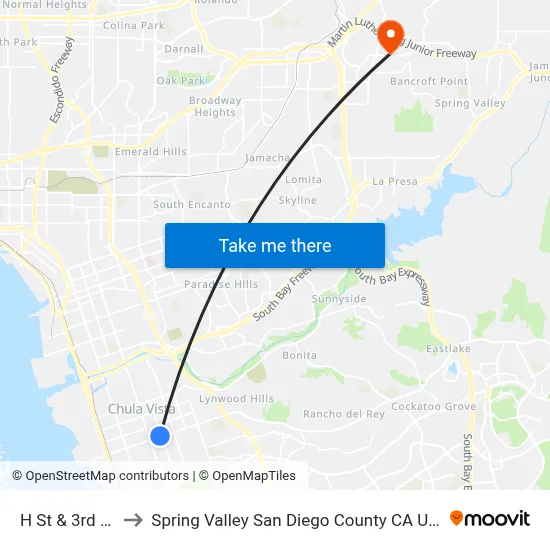 H St & 3rd Av to Spring Valley San Diego County CA USA map
