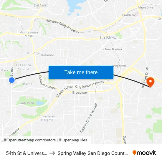 54th St & University Av to Spring Valley San Diego County CA USA map