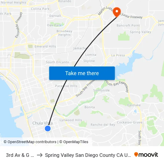 3rd Av & G St to Spring Valley San Diego County CA USA map
