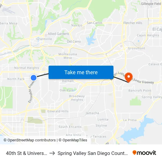 40th St & University Av to Spring Valley San Diego County CA USA map