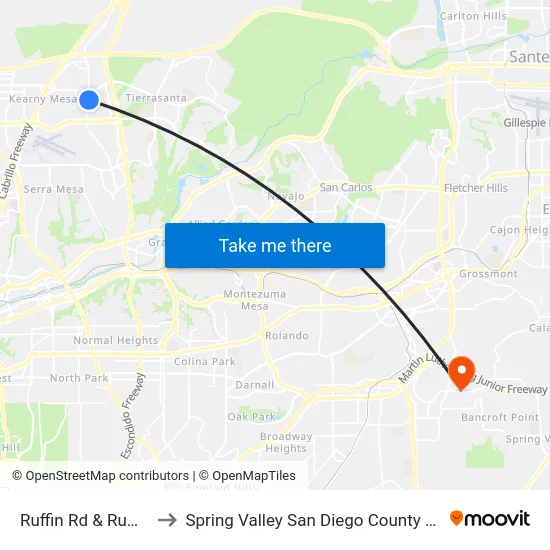 Ruffin Rd & Ruffin Ct to Spring Valley San Diego County CA USA map