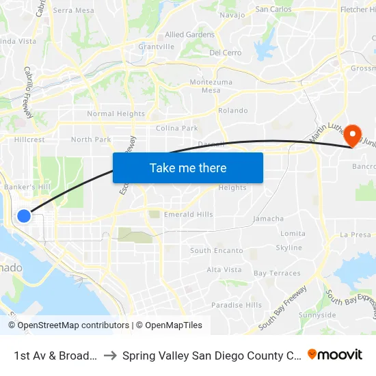 1st Av & Broadway to Spring Valley San Diego County CA USA map