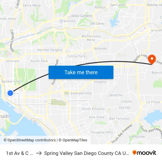1st Av & C St to Spring Valley San Diego County CA USA map
