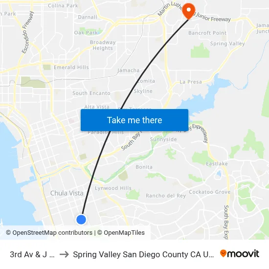 3rd Av & J St to Spring Valley San Diego County CA USA map
