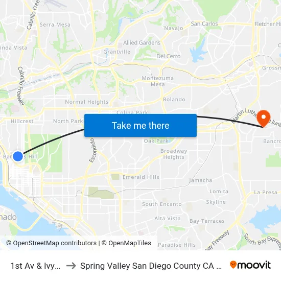1st Av & Ivy St to Spring Valley San Diego County CA USA map