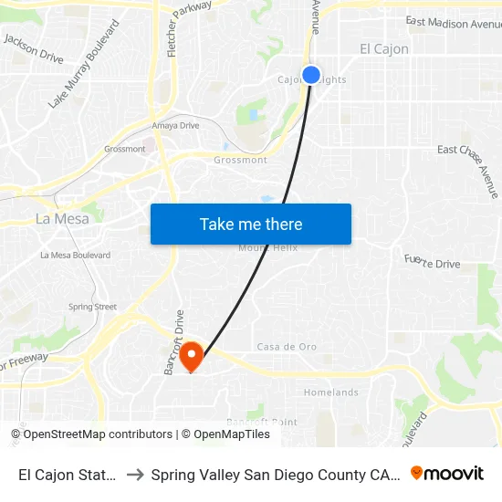 El Cajon Station to Spring Valley San Diego County CA USA map