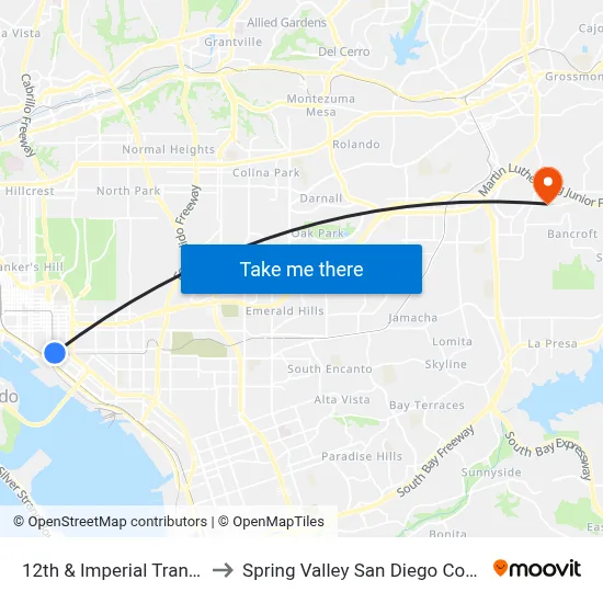 12th & Imperial Transit Center to Spring Valley San Diego County CA USA map