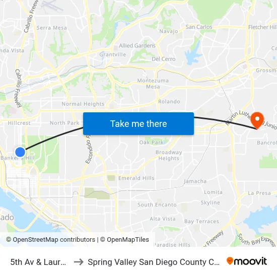 5th Av & Laurel St to Spring Valley San Diego County CA USA map