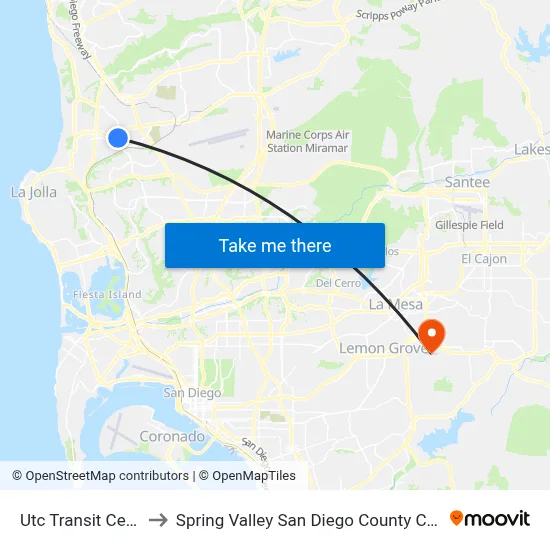 Utc Transit Center to Spring Valley San Diego County CA USA map