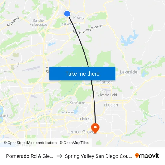 Pomerado Rd & Glen Oak Rd to Spring Valley San Diego County CA USA map