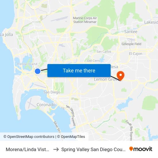 Morena/Linda Vista Station to Spring Valley San Diego County CA USA map