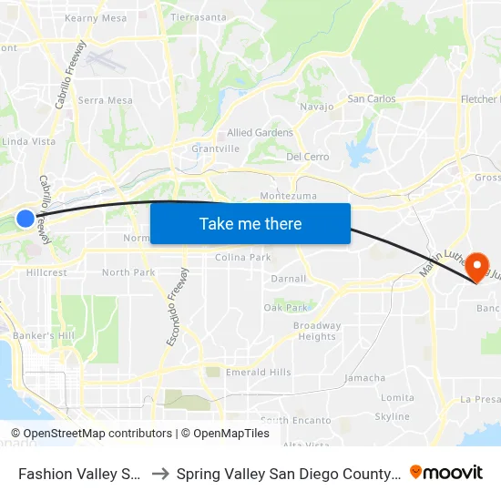 Fashion Valley Station to Spring Valley San Diego County CA USA map