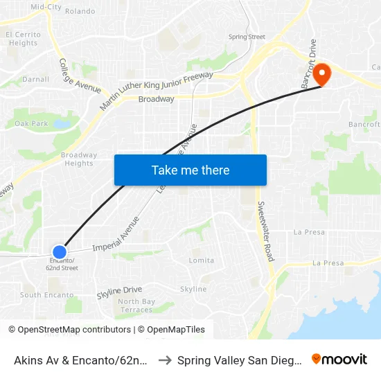 Akins Av & Encanto/62nd St Trolley Station to Spring Valley San Diego County CA USA map