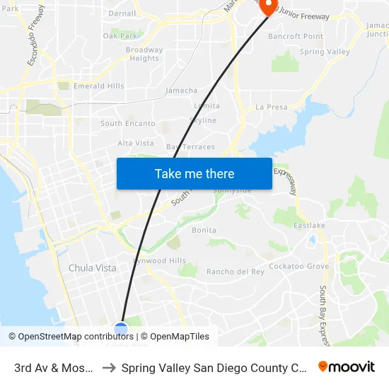 3rd Av & Moss St to Spring Valley San Diego County CA USA map