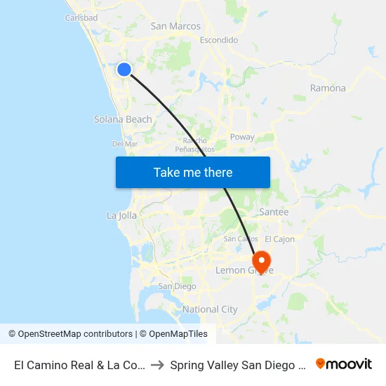 El Camino Real & La Costa Towne Ctr to Spring Valley San Diego County CA USA map