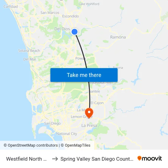 Westfield North County to Spring Valley San Diego County CA USA map