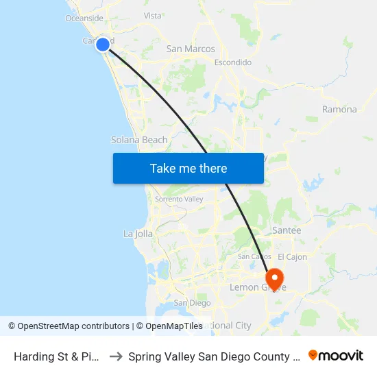 Harding St & Pine Av to Spring Valley San Diego County CA USA map