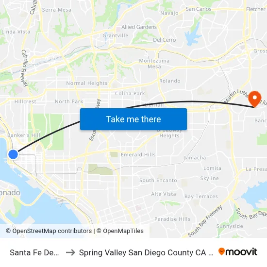 Santa Fe Depot to Spring Valley San Diego County CA USA map