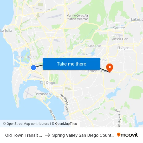 Old Town Transit Center to Spring Valley San Diego County CA USA map