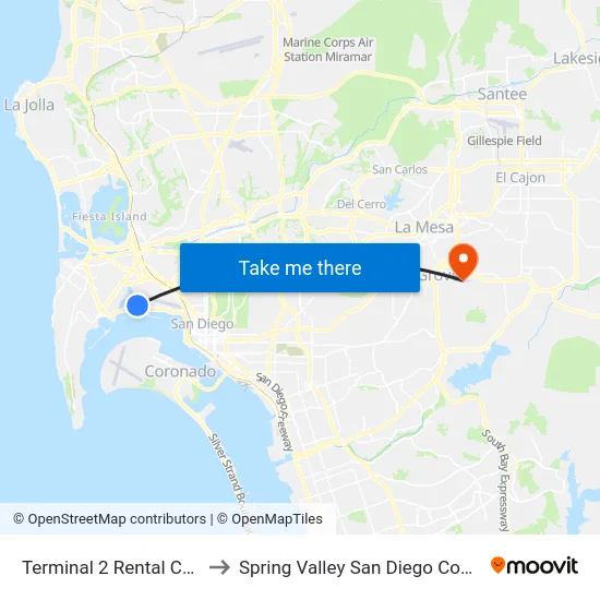 Terminal 2 Rental Car Shuttle to Spring Valley San Diego County CA USA map