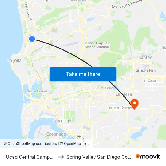 Ucsd Central Campus Station to Spring Valley San Diego County CA USA map