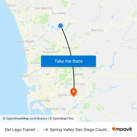 Del Lago Transit Station to Spring Valley San Diego County CA USA map