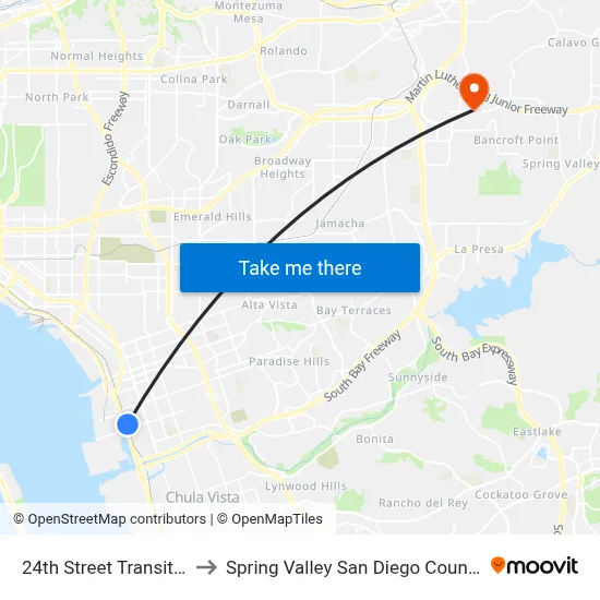 24th Street Transit Center to Spring Valley San Diego County CA USA map