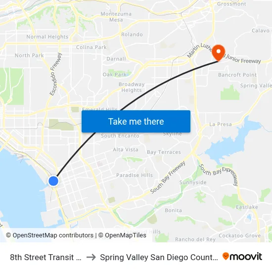 8th Street Transit Center to Spring Valley San Diego County CA USA map