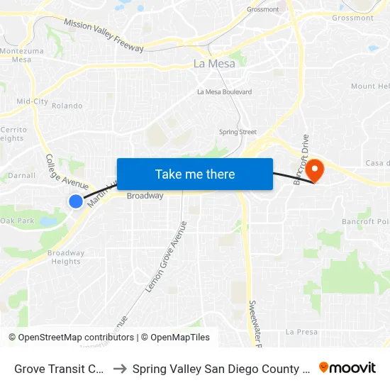 Grove Transit Center to Spring Valley San Diego County CA USA map