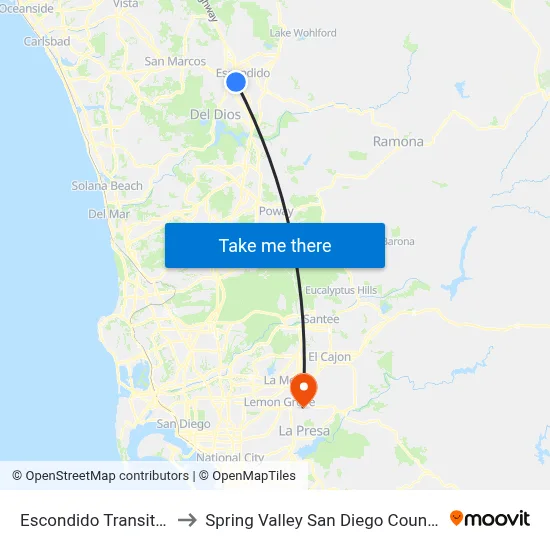 Escondido Transit Center to Spring Valley San Diego County CA USA map