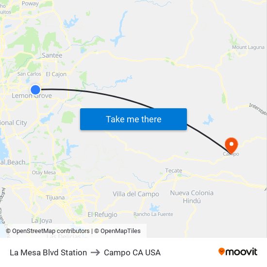 La Mesa Blvd Station to Campo CA USA map