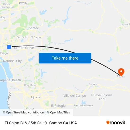 El Cajon Bl & 35th St to Campo CA USA map