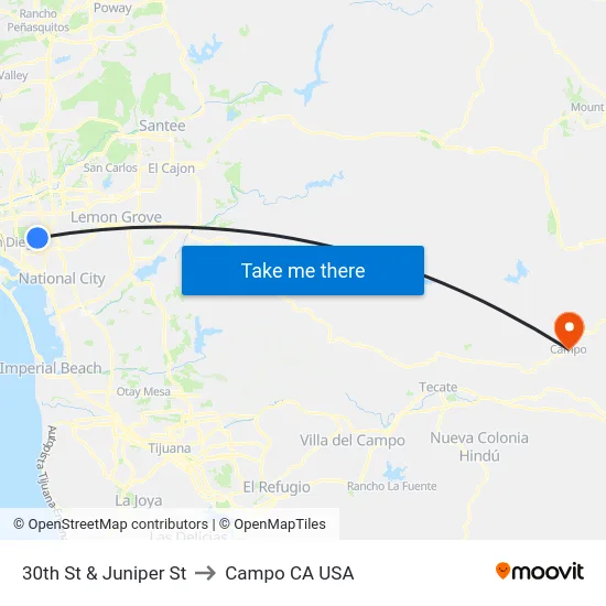 30th St & Juniper St to Campo CA USA map